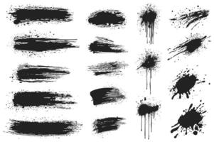 Black ink splatters set elements in flat graphic design. Collection of brush strokes and ink spots with messy grainy texture, grimy paintbrush stains and blobs with rough edges. illustration. vector