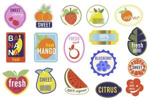 Retro fruit stickers set elements in flat graphic design. Collection of food labels with sweet cherry, orange, strawberry, lemon, citrus, banana, fresh mango, apple, pear, other. illustration. vector