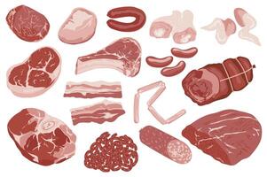 Butchery food set elements in flat graphic design. Collection of raw slices of beef, lamb, pork, steak, chicken legs and wings, sausages, salami, bacon and other meat products. illustration. vector