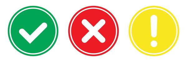 Right and wrong symbol, Exclamation mark sign. Set of flat round check mark, X mark icons, exclamation point. vector