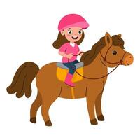 Young girl enjoying a horseback ride in a bright pink cap with a smiling pony vector