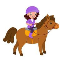 Young girl enjoying a pony ride in a vibrant setting during a sunny day vector