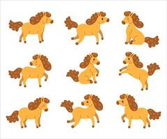 Cute cartoon ponies in various playful poses on a white background vector