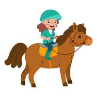 Young girl enjoys riding a brown pony in a cheerful outdoor setting vector