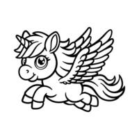 fun cartoon character of flying unicorn isolated drawing line art style sketch classic vintage design illustration vector