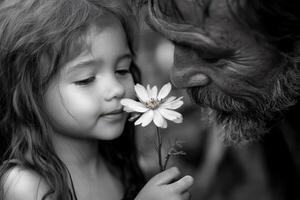 Little girl holding flower while father smiles with pride photo