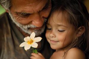 Little girl holding flower with father smiling down photo