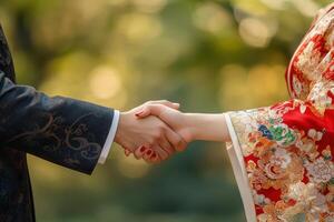 Asian businessman and businesswoman shake hands in formal setting photo