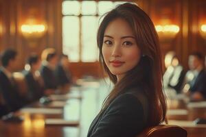 Young Asian businesswoman confidently presents proposal in boardroom photo