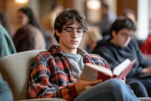 Young man reading in armchair surrounded by students photo