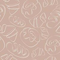 seamless pattern of simple bakery icons of croissant, loaf and donut in line art style on beige background vector