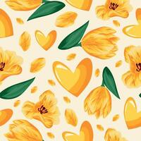 seamless pattern with yellow hearts and flowers, namely yellow tulips of different sizes and yellow petals on a yellow background, for the holiday of St. Valentine vector