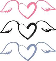 festive icons, namely round hearts drawn in line art style with bird wings vector