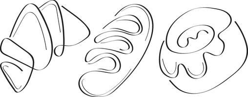 set of simple bakery icons, namely croissant, loaf and donut in line art style vector