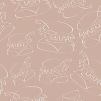 seamless pattern with simple icons of fast food, namely burger, drawn in line art style on a beige background vector