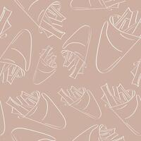 seamless pattern with original icons of fried potatoes in a bag in line art style on a beige background vector