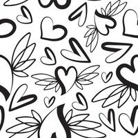 seamless pattern with icons of round black hearts with fairy wings in the background line art and various hearts vector
