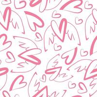 valentines day seamless pattern with icons of long pink hearts with folded wings in the background line art and various hearts vector