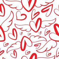 valentines day seamless pattern with round red heart icons with wings in the background line art and various hearts vector