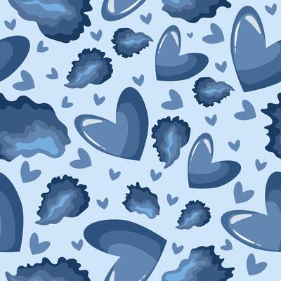festive pattern for St. Valentine's Day from blue hearts and blue petals from iris flowers on a blue background