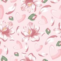 seamless festive pattern of pink hearts with various petals and buds of pink magnolia on a pink background, for Saint Valentine's Day vector