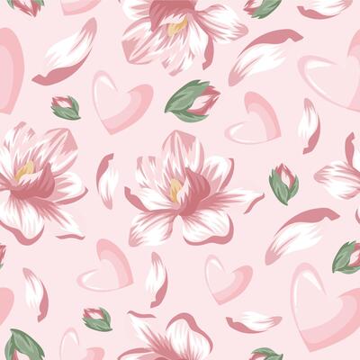 seamless festive pattern of pink hearts with various petals and buds of pink magnolia on a pink background, for Saint Valentine's Day