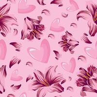 festive pattern for St. Valentine's Day with pink lily flower buds and pink hearts placed randomly on a pink background, for St. Valentine's Day vector