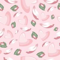 seamless festive pattern of pink hearts with various pink magnolia petals on a pink background, for Valentine's Day vector