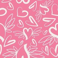 valentines day seamless pattern with icons of long black hearts with folded wings in the background line art and various hearts on a pink background vector
