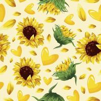 seamless festive pattern of yellow hearts with various sunflower petals and buds on a yellow background, for Saint Valentine's Day vector
