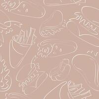 seamless pattern of original fast food icons, namely burger, taco, fries and shawarma icon in line art style on a beige background vector