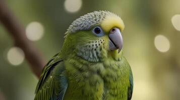 Stunning Close-Up Portrait of a Green Parrot with Yellow and Grey Feathers Against a Soft Bokeh Background photo