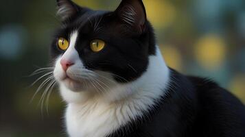 A Stunning Close-Up Portrait of a Black and White Cat with Bright Yellow Eyes, Showing Intriguing Details and Textures of its Fur photo