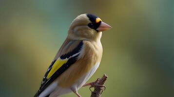 Stunning Closeup of a Goldfinch Perched on a Twig Against a Softly Blurred Background photo