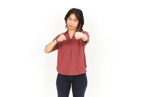 Punching fist to fight Of Beautiful Asian Woman Isolated On White Background photo