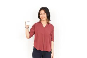Showing Blank Credit or Bank Card Of Beautiful Asian Woman Isolated On White Background photo