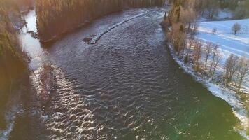 noruego invierno río espumoso debajo suave dorado luz de sol aéreo ver video