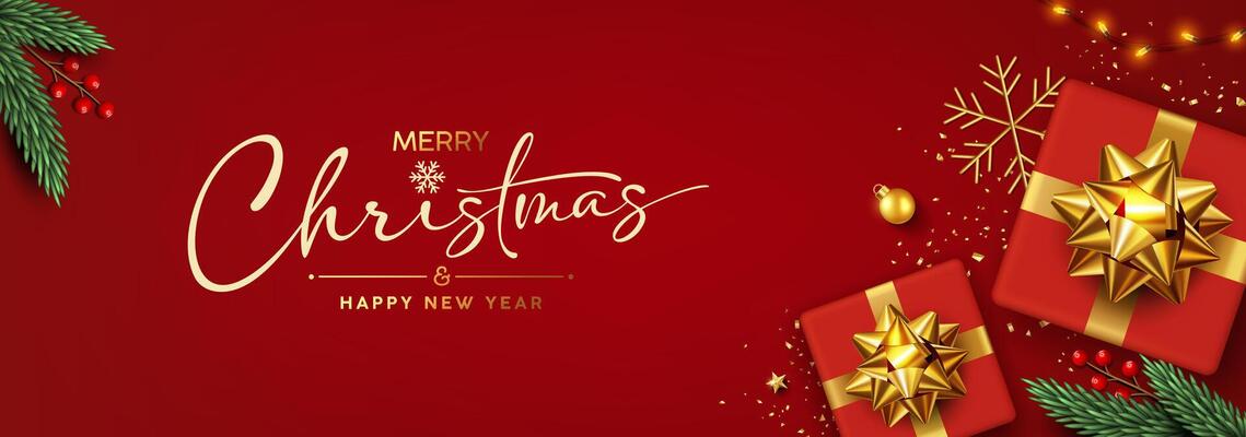 Merry christmas and Happy new year 2025, gift box red color gold ribbon, christmas ornaments, banner design on red background