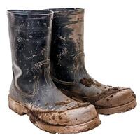 A pair of dirty rubber boots on a white background photo