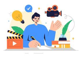 Illustration of a Copywriter and Screenwriter Creating Movie Scripts for Film Production in a Flat Background vector