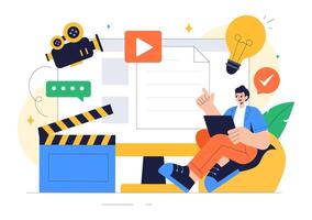Illustration of a Filmmaker and Screenwriter Collaborating on a Film Script in a Flat Cartoon Design vector