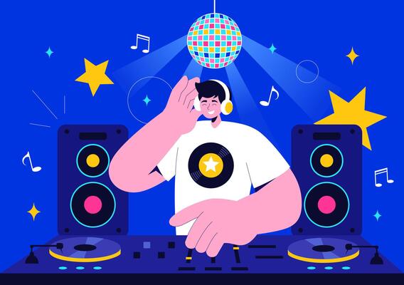 Nightlife Club DJ Mixing Tracks on a Turntable at a Vibrant Party Scene Illustration