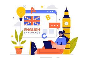 Global Communication Language Lesson Concept with Students Studying Grammar and Foreign Languages in a Flat Design vector