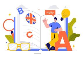 Illustration of Students Attending a Language Lesson on Grammar, Communication, and Vocabulary in a Classroom vector