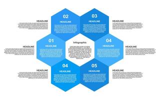 Hexagonal infographic displays text within blue shapes. vector