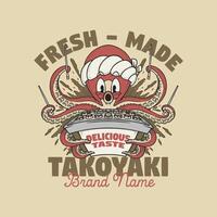 retro cartoon emblem of red squid takoyaki vector