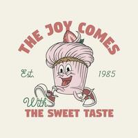 retro cartoon emblem of happy strawberry cupcake vector