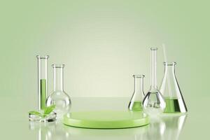 Lab glass setting with green podium display and eco experiment concept. 3d render scientific research setup photo