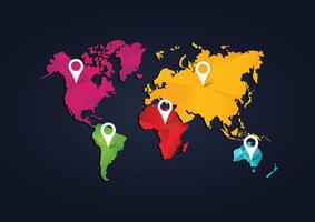 infographic world map with multiple locations. world map with color pointers and text. Simple World map infographic communication template with pointer marks vector