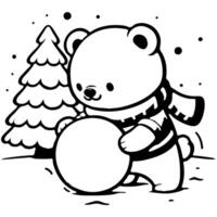 Polar bear dressed in winter clothes rolls ball for snowman in forest glade in monochrome. Simple minimalistic in black ink drawing on white background vector